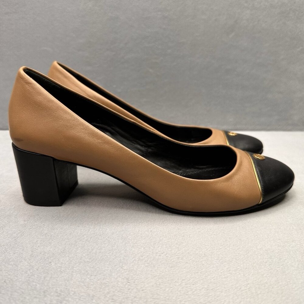 Tory Burch Ethel Two-Tone Tan and Black Leather Block Heel Pumps